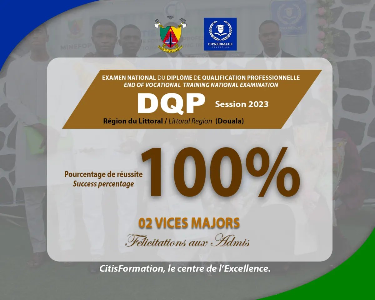 POURCENTAGE DE REUSSITE A L'EXAMEN NATIONAL DU DQP 2023 REGION DU LITTORAL (DOUALA) / PERCENTAGE PASSED AT THE 2023 VOCATIONAL QUALIFICATION DIPLOMA EXAM (DOUALA)